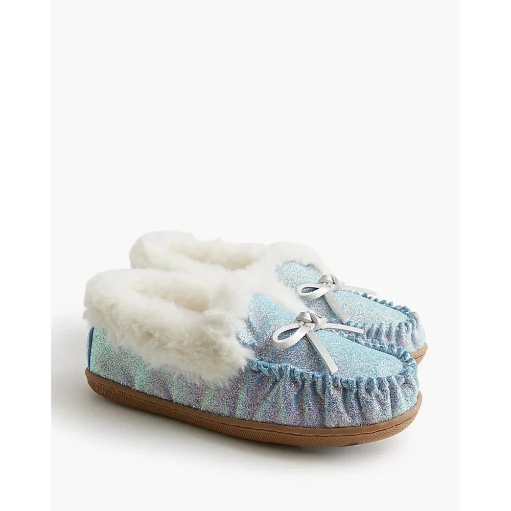J.Crew Crewcuts Kids‎ Glitter Slippers Size K12 Blue White Faux Fur NEW!